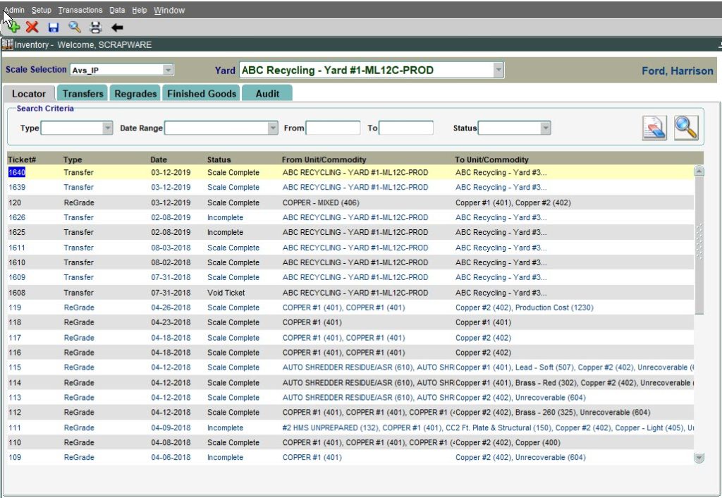 Inventory management system screenshot